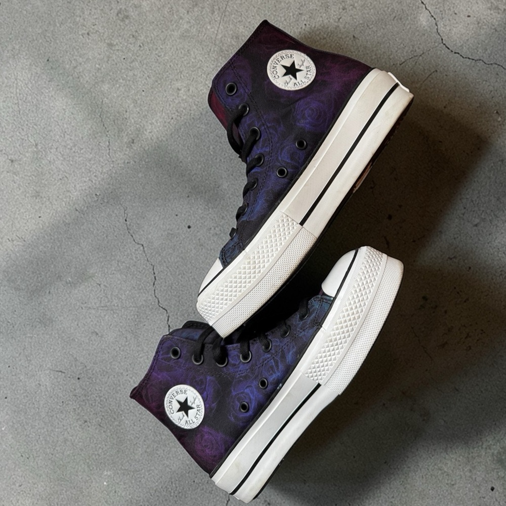 Converse Chuck Taylor All Star Black And Purple Watercolor Roses HiLift Sneakers - Picture 3 of 11